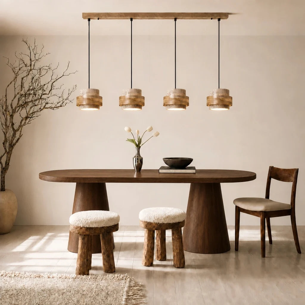 Wabi-Sabi Natural Travertine Cylinder Pendant Light with Wooden Shade, Japandi Kitchen Island Pendant Lamp
