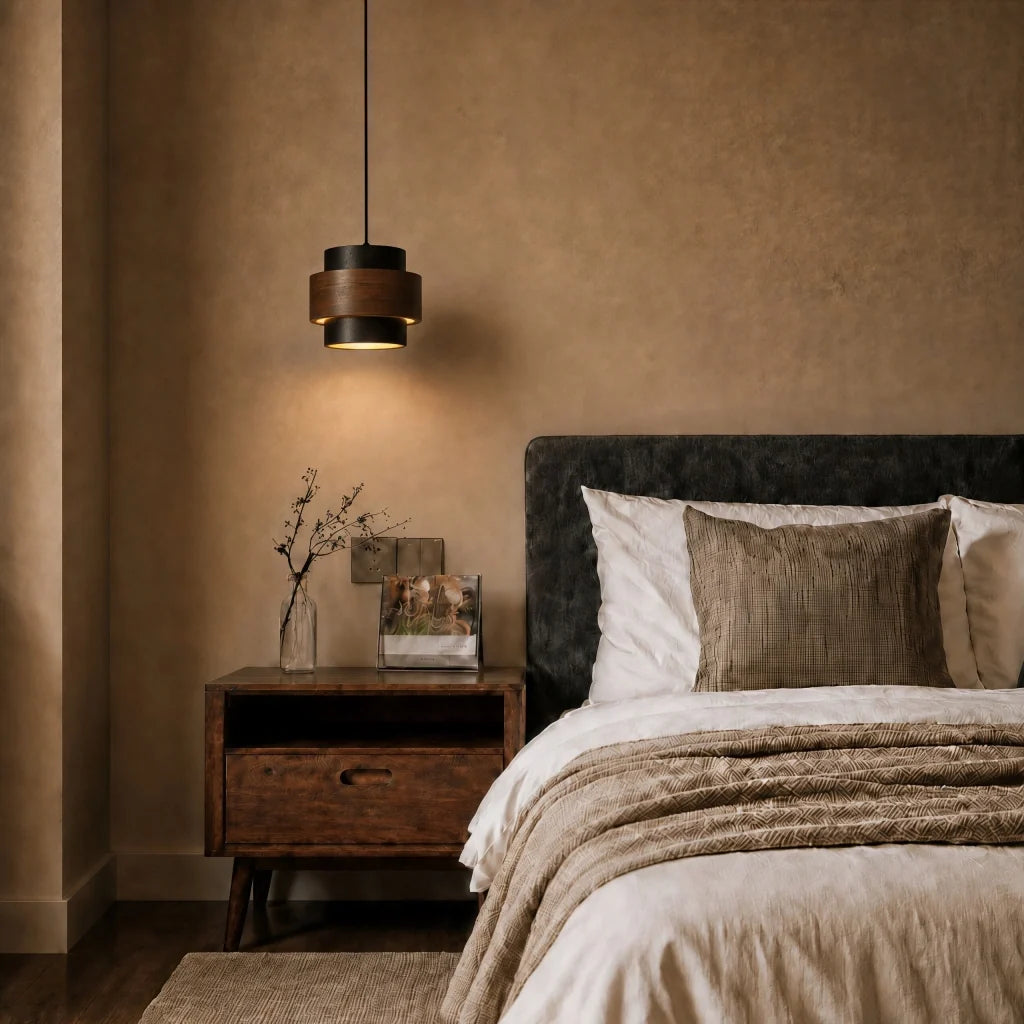 Wabi-Sabi Natural Travertine Cylinder Pendant Light with Wooden Shade, Japandi Kitchen Island Pendant Lamp