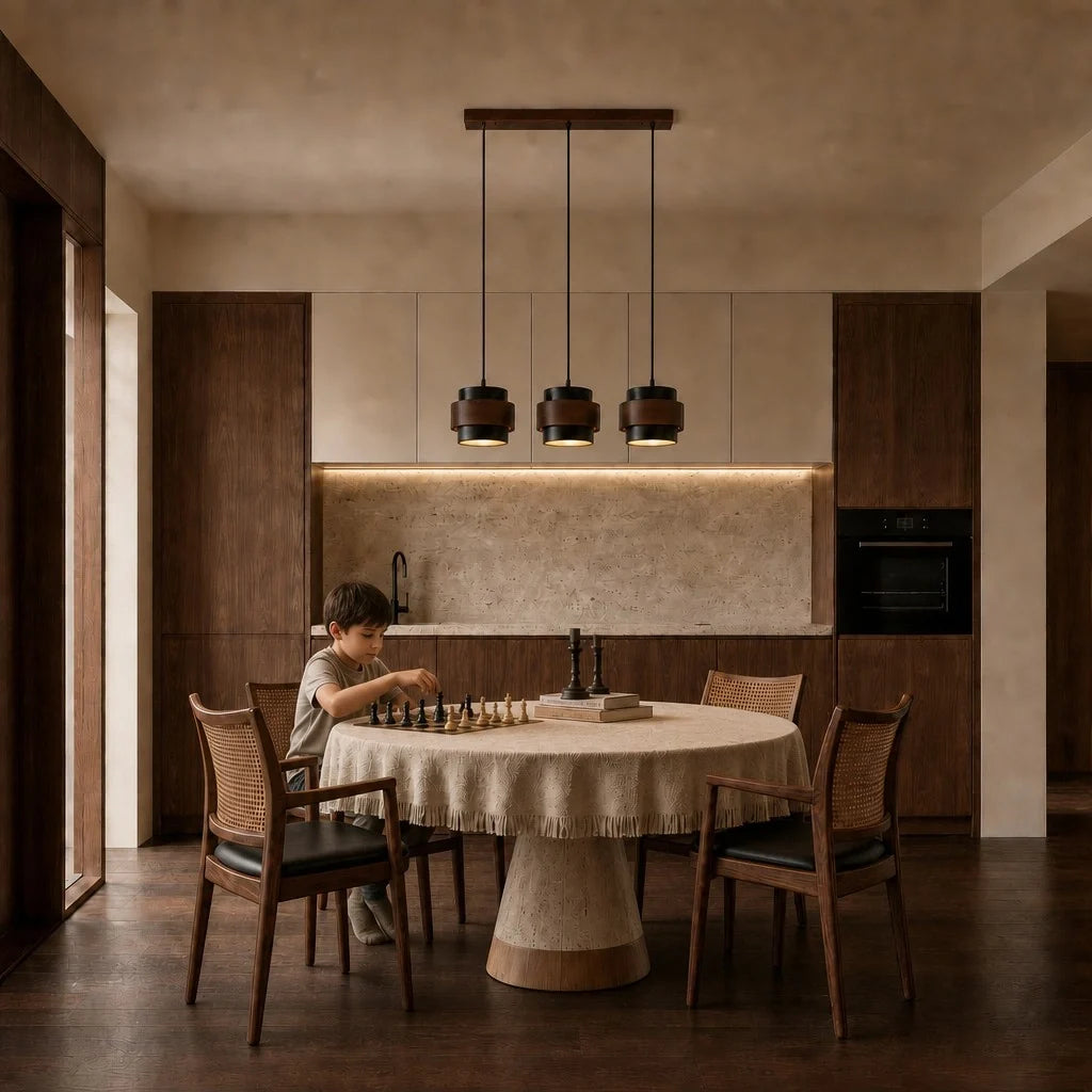 Wabi-Sabi Natural Travertine Cylinder Pendant Light with Wooden Shade, Japandi Kitchen Island Pendant Lamp