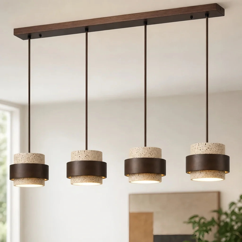 Wabi-Sabi Natural Travertine Cylinder Pendant Light with Wooden Shade, Japandi Kitchen Island Pendant Lamp