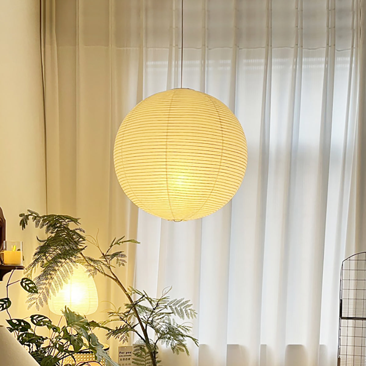 Washi Paper and Bamboo Ceiling Light Fixture – Adjustable Pendant Lamp for Modern Indoor Spaces, Warm Glow Lighting