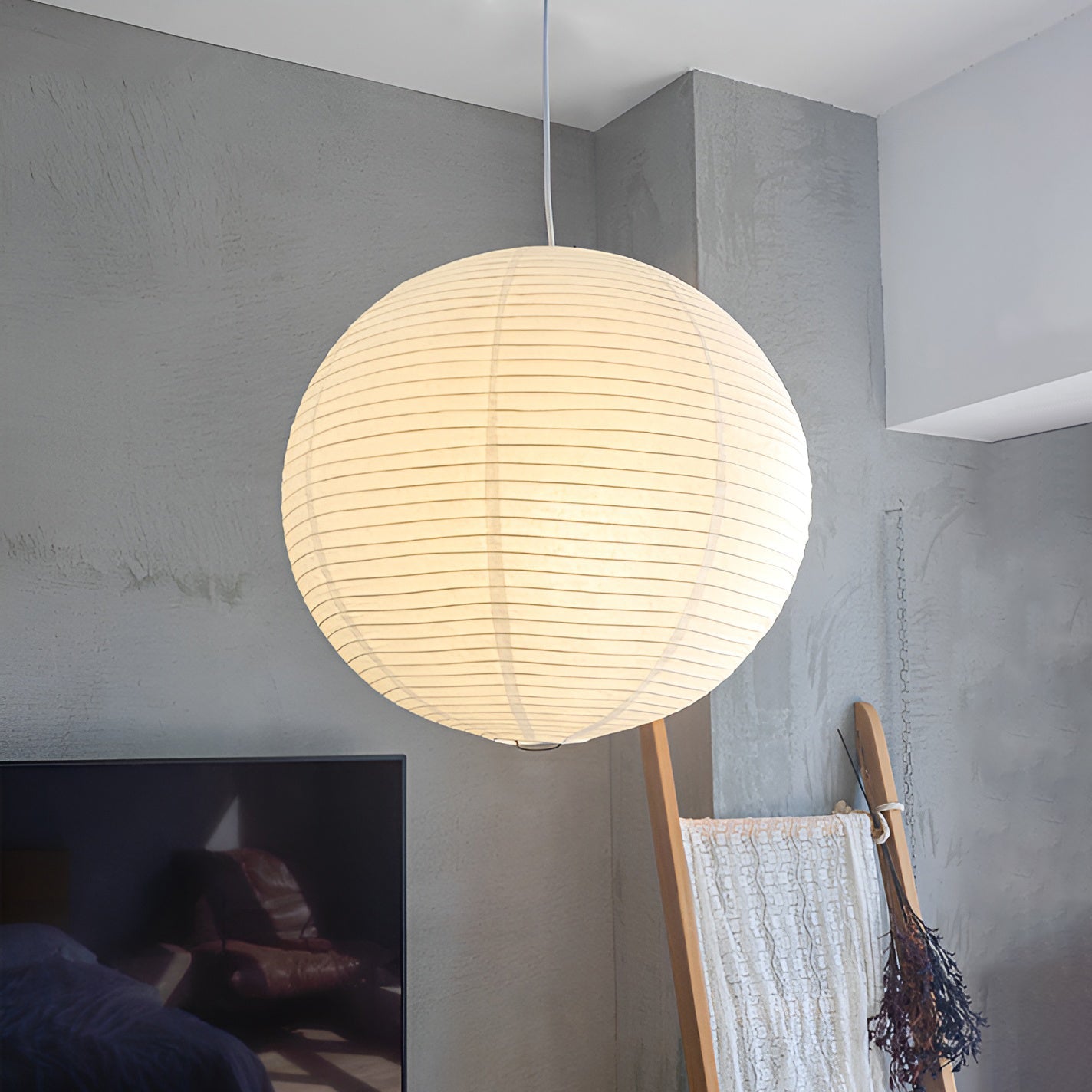 Washi Paper and Bamboo Ceiling Light Fixture – Adjustable Pendant Lamp for Modern Indoor Spaces, Warm Glow Lighting