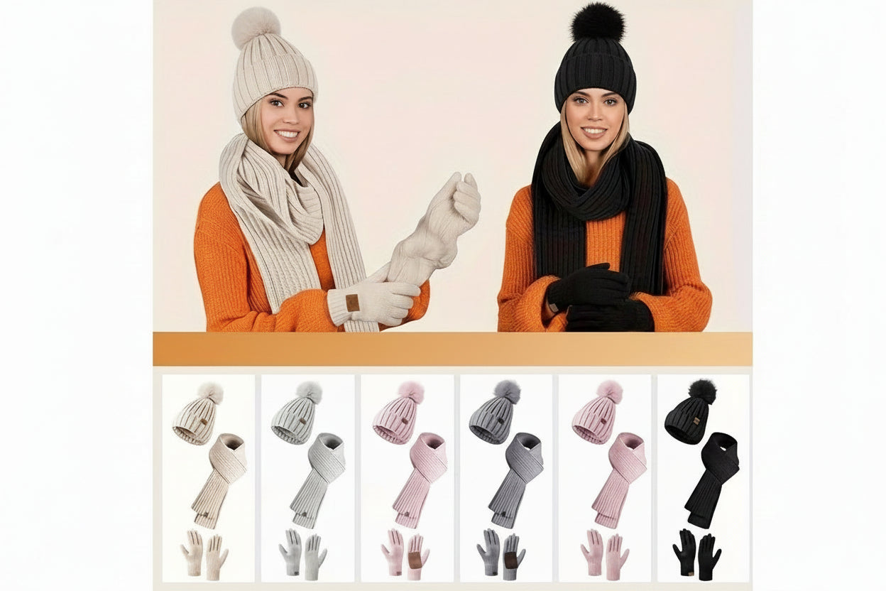 Knitted Hat Scarf and Touchscreen Gloves Set