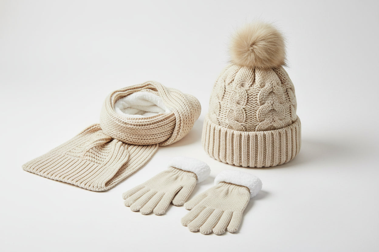 Knitted Hat Scarf and Touchscreen Gloves Set