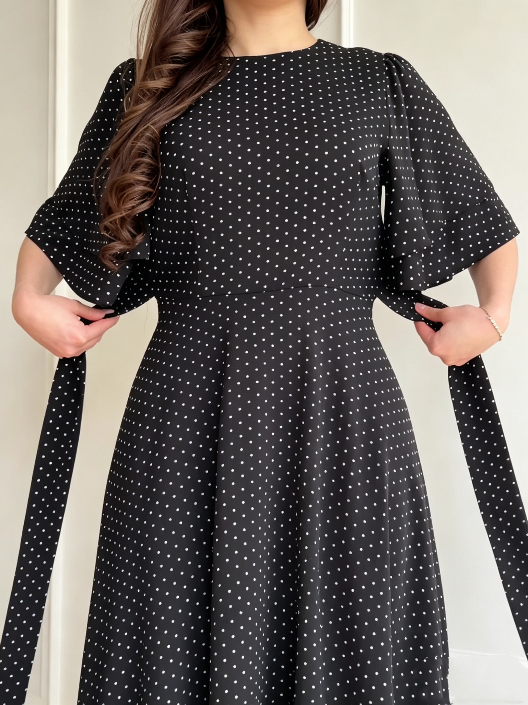 Women's Polka-Dot Satin Tie-Waist Dress – Long Regular Fit