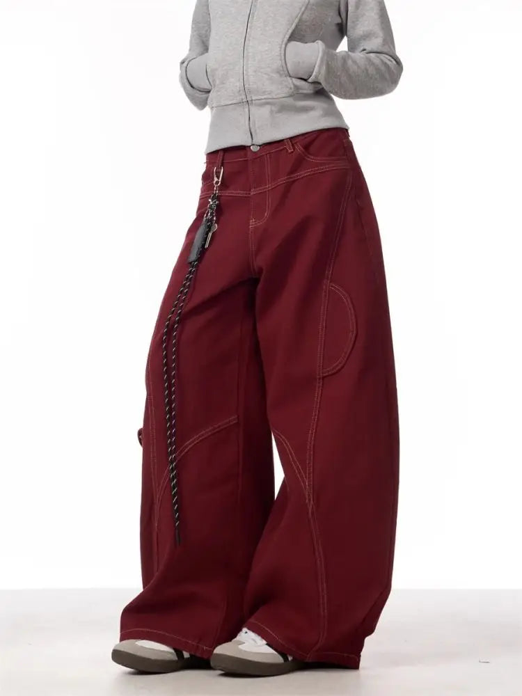 Women's Red Wide-Leg Cargo Pants with Chains
