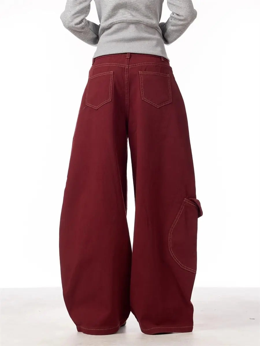 Women's Red Wide-Leg Cargo Pants with Chains