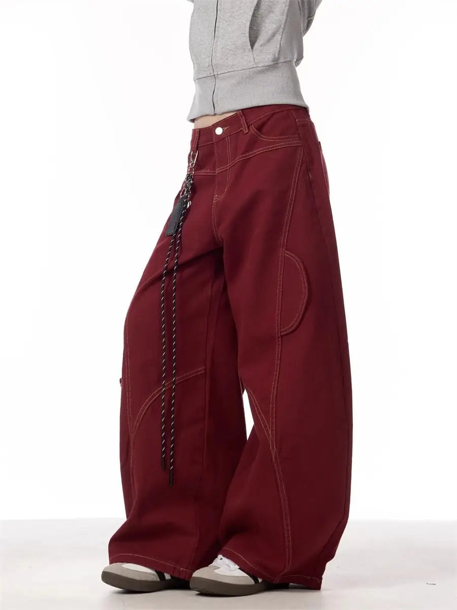 Women's Red Wide-Leg Cargo Pants with Chains