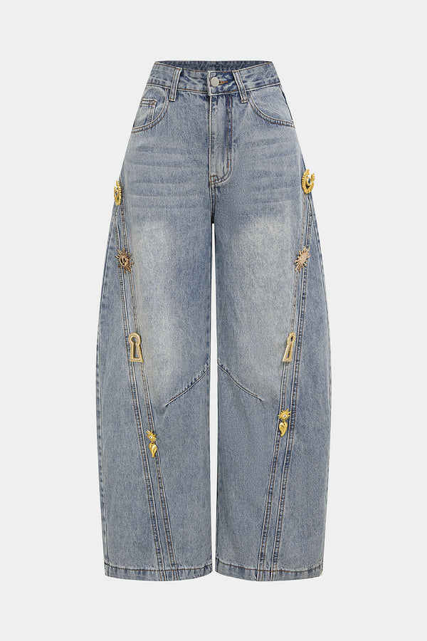 Women's Wide Leg Barrel Jeans with Gold Metal Embellishments