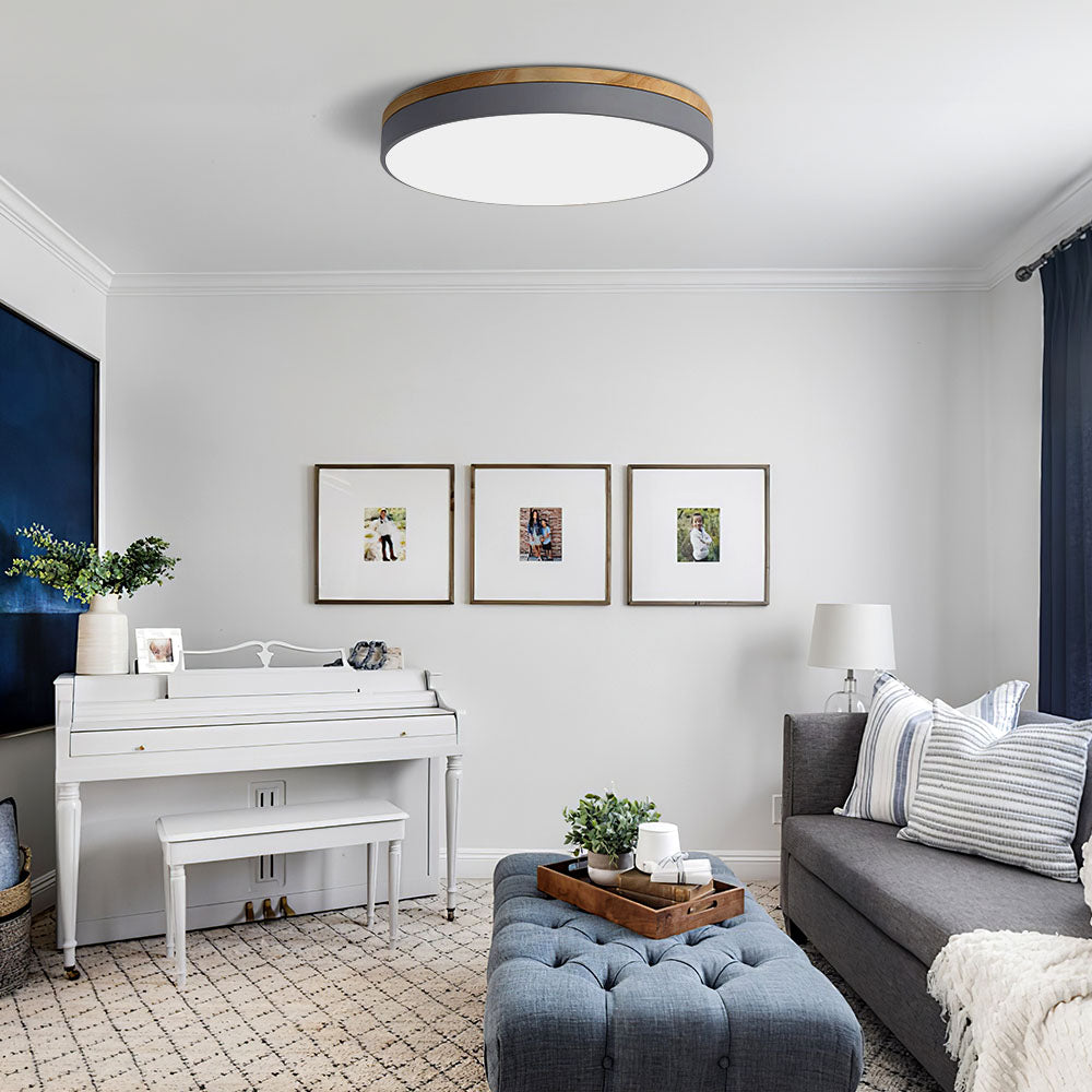 Wooden Round Flush Mount Ceiling Light – Energy-Efficient LED Ceiling Light Fixture for Living Room and Dining Room