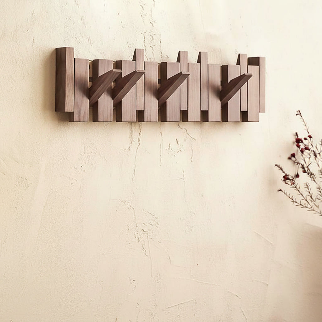 Wooden Wall Coat Rack with Folding Hooks – Natural Wood Magnetic Hook Hanger