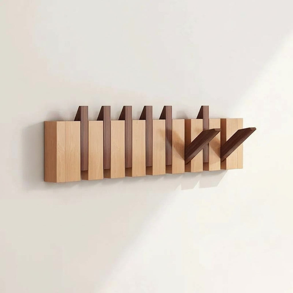 Wooden Wall Coat Rack with Folding Hooks – Natural Wood Magnetic Hook Hanger