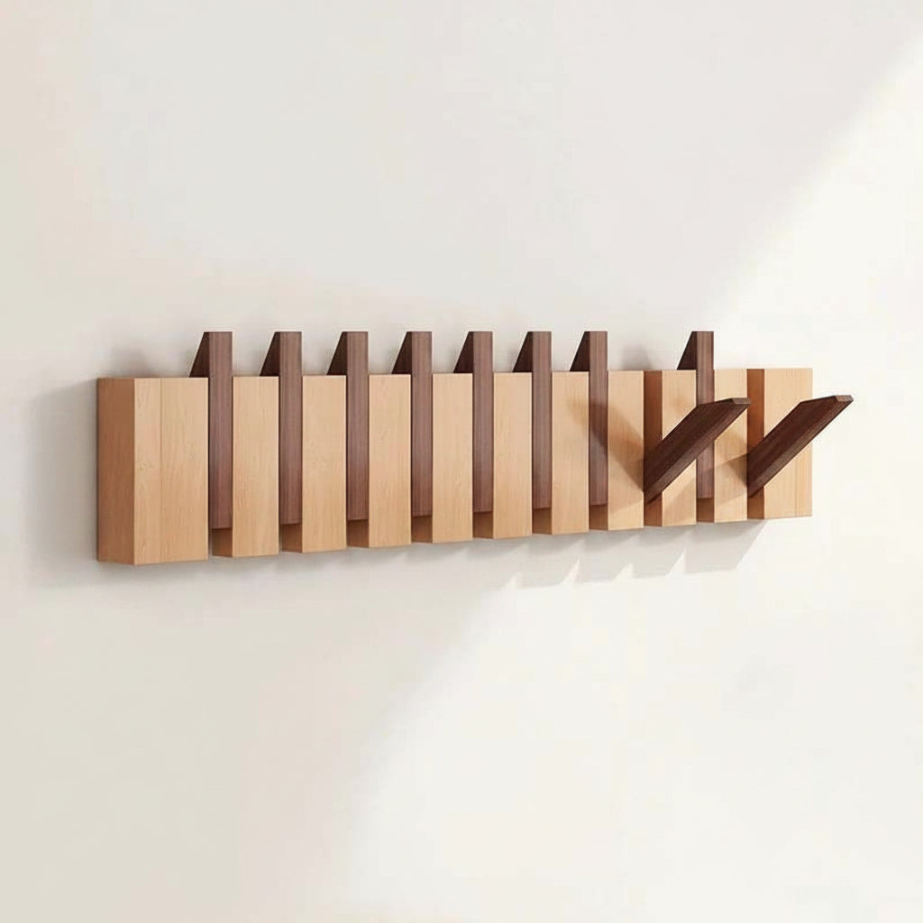 Wooden Wall Coat Rack with Folding Hooks – Natural Wood Magnetic Hook Hanger