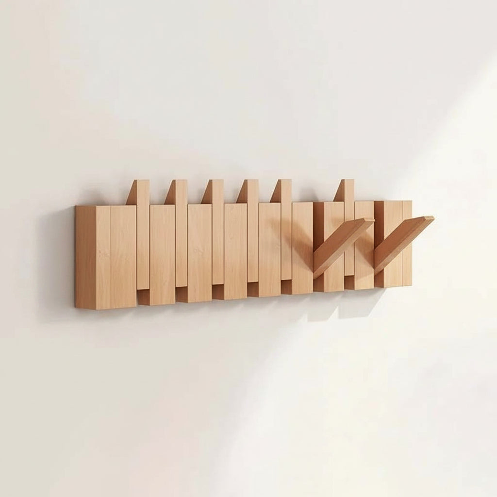 Wooden Wall Coat Rack with Folding Hooks – Natural Wood Magnetic Hook Hanger