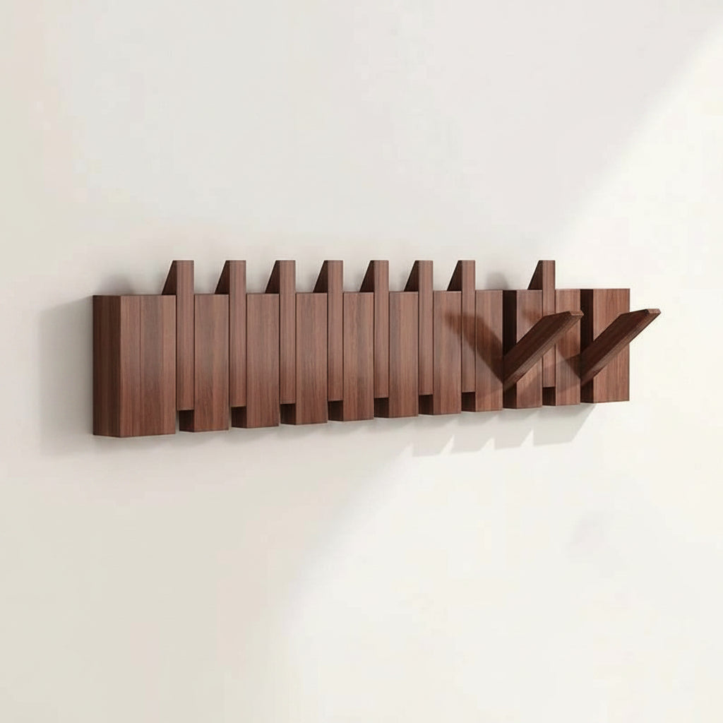 Wooden Wall Coat Rack with Folding Hooks – Natural Wood Magnetic Hook Hanger