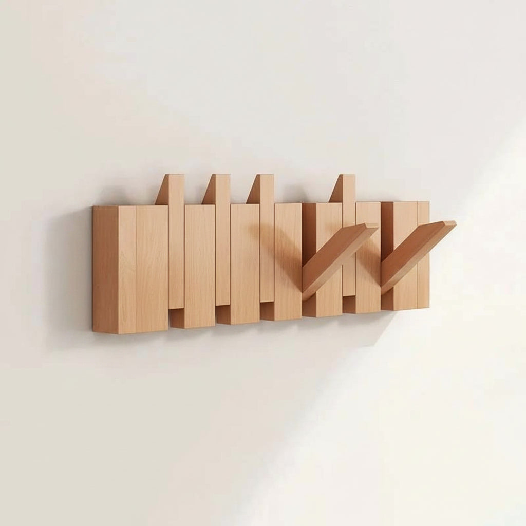 Wooden Wall Coat Rack with Folding Hooks – Natural Wood Magnetic Hook Hanger