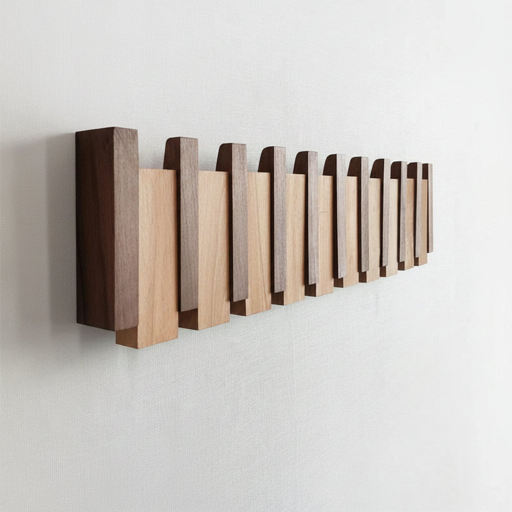 Wooden Wall Coat Rack with Folding Hooks – Natural Wood Magnetic Hook Hanger