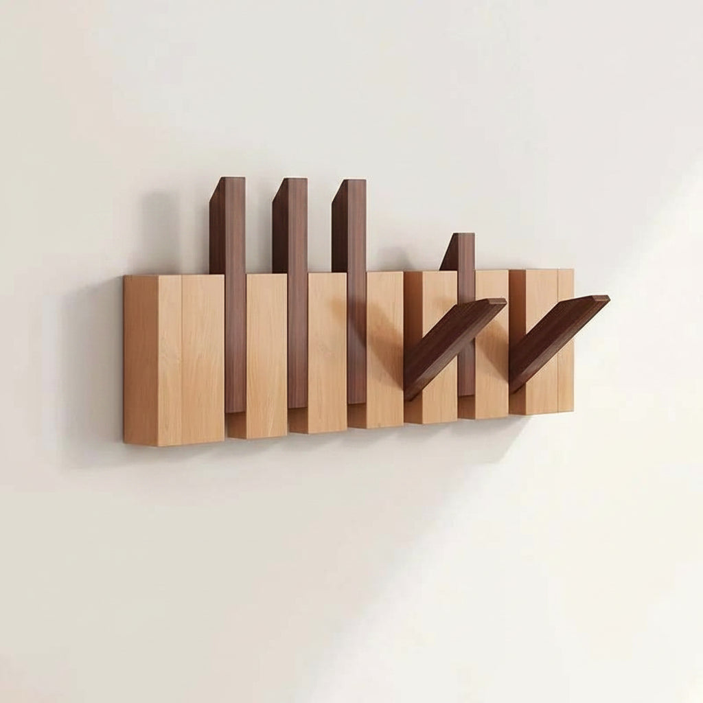 Wooden Wall Coat Rack with Folding Hooks – Natural Wood Magnetic Hook Hanger