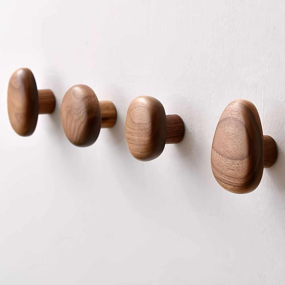 Wooden Wall Hooks Set – 4 Round Solid Wood Coat Hooks in Natural Finish