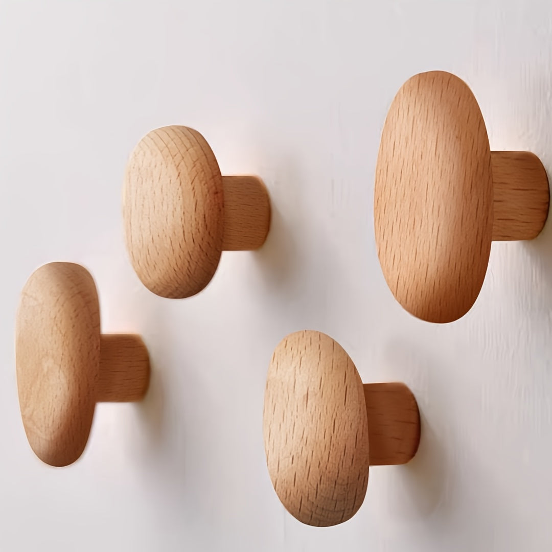 Wooden Wall Hooks Set – 4 Round Solid Wood Coat Hooks in Natural Finish