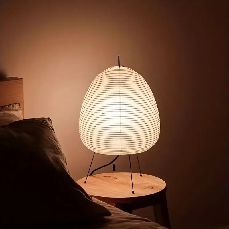 Wrought Iron Tripod Table Lamp with Handmade Rice Paper Shade – Elegant Bedside Table Lamp for Bedroom and Living Room