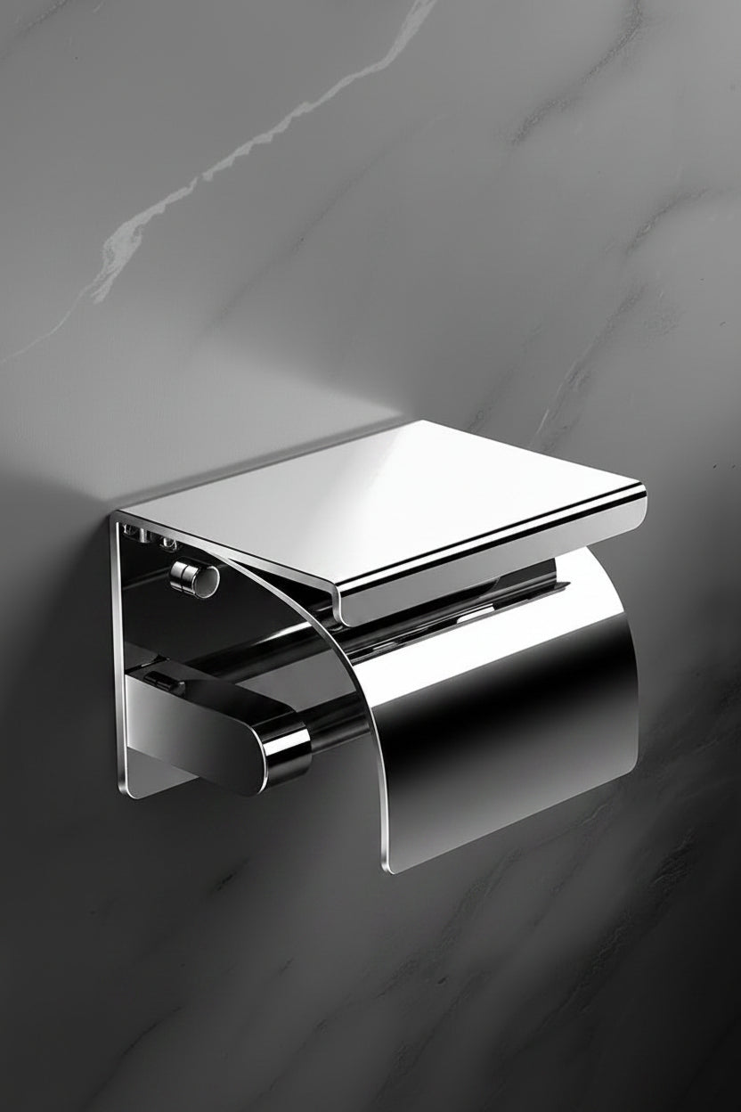 Wall-Mounted Stainless Steel Toilet Roll Holder with Storage Shelf