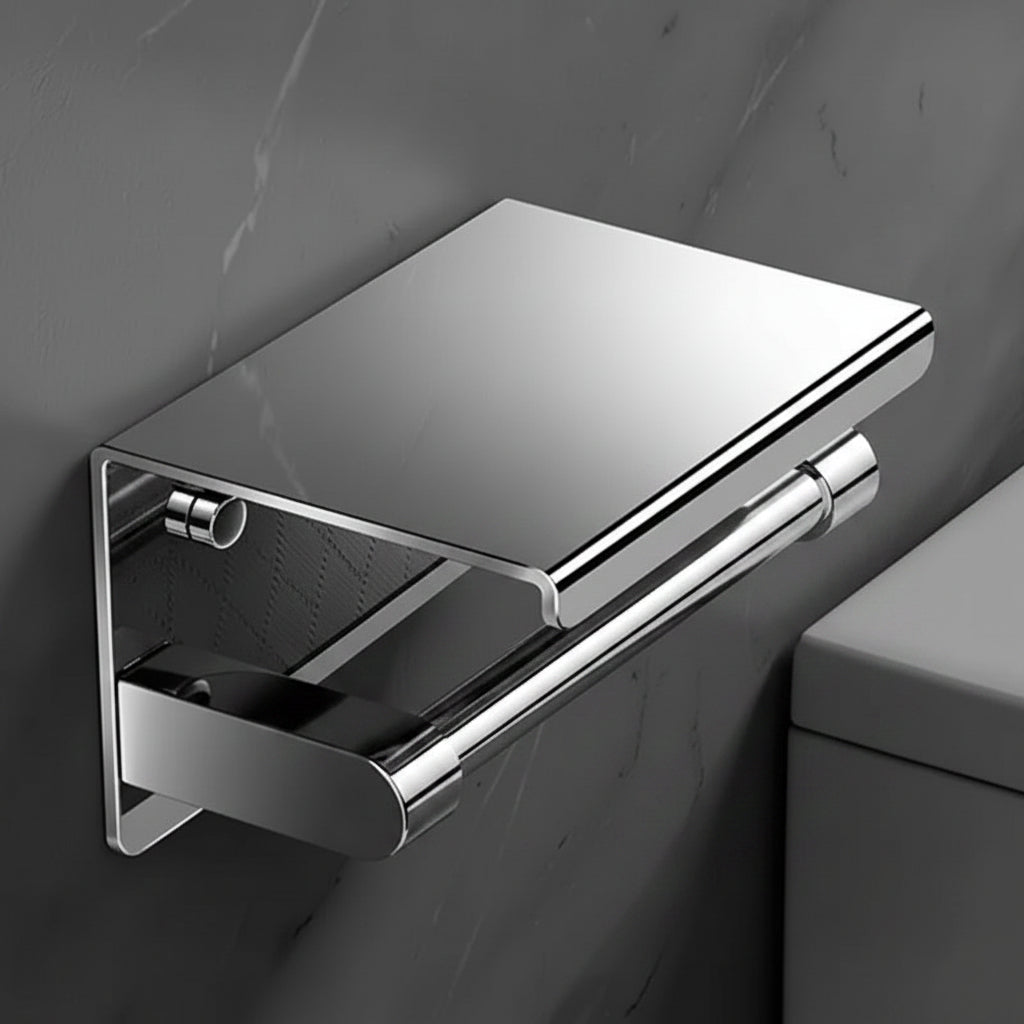 Wall-Mounted Stainless Steel Toilet Roll Holder with Storage Shelf