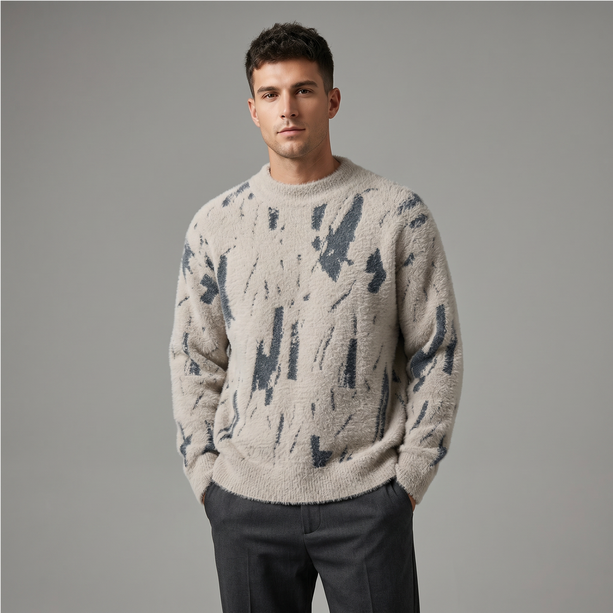 Men's Abstract Pattern Fluffy Knit Jumper