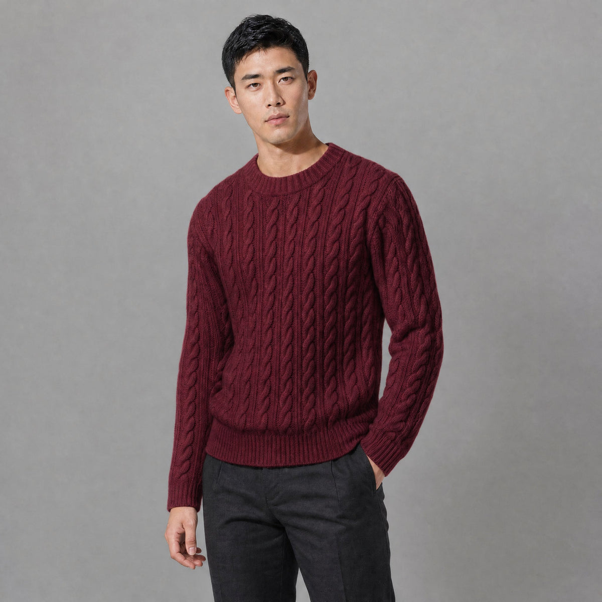Men's Aran Style Cable Knit Crew Jumper