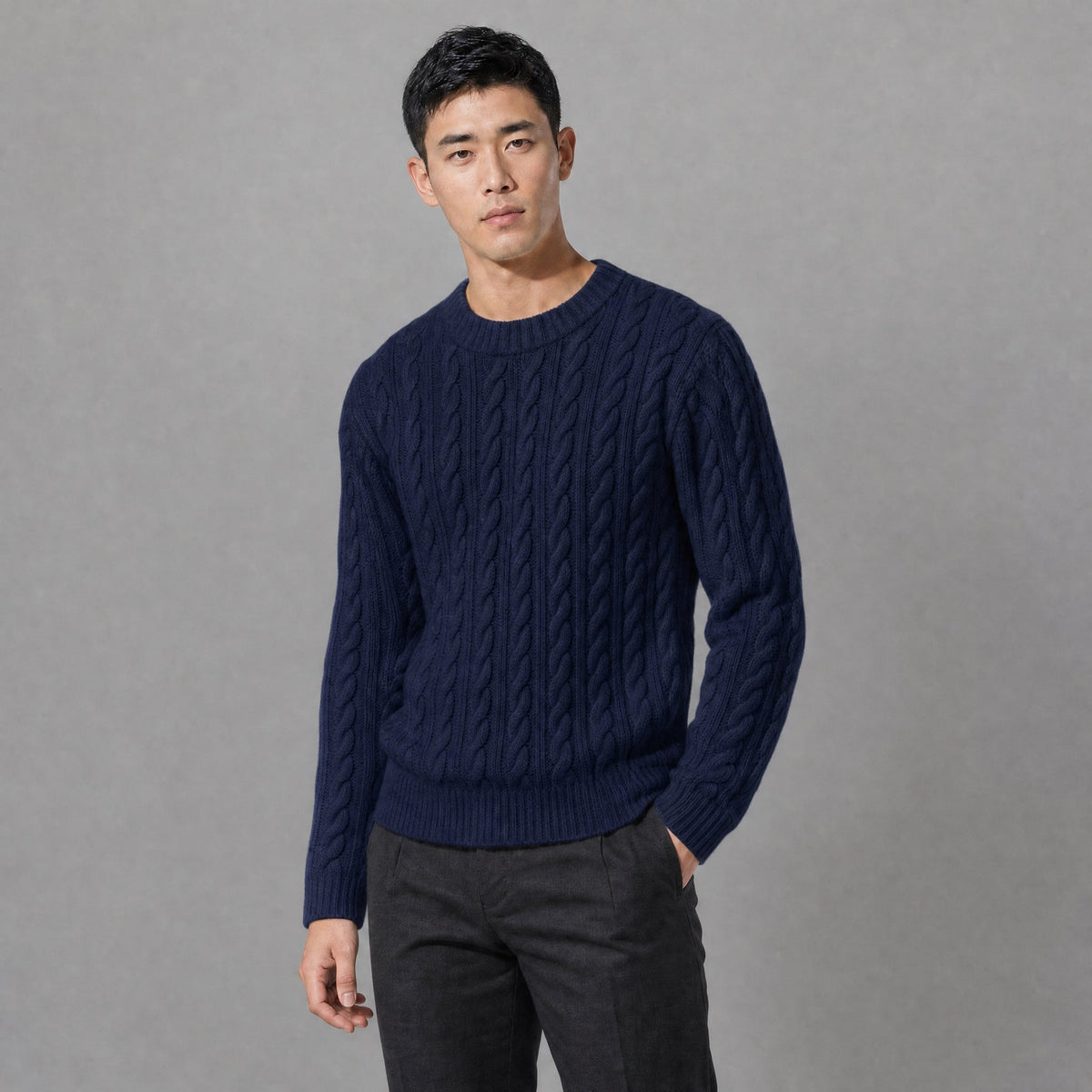 Men's Aran Style Cable Knit Crew Jumper
