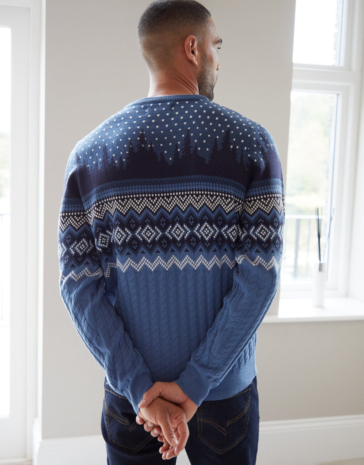 Men's Christmas Jumper Fair Isle Reindeer Cable Knit in Blue