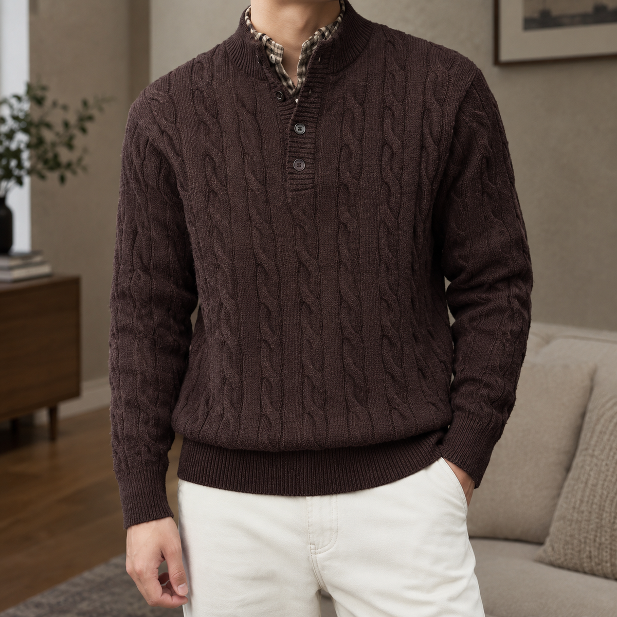 Men's Cable Knit Henley Jumper with Plaid Collar