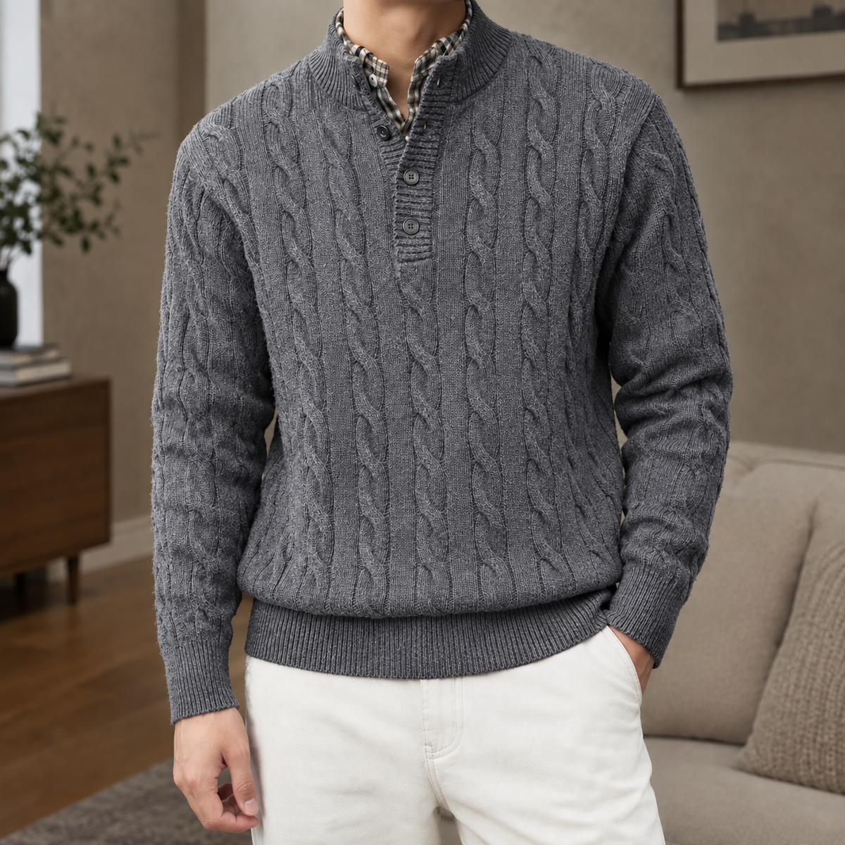 Men's Cable Knit Henley Jumper with Plaid Collar