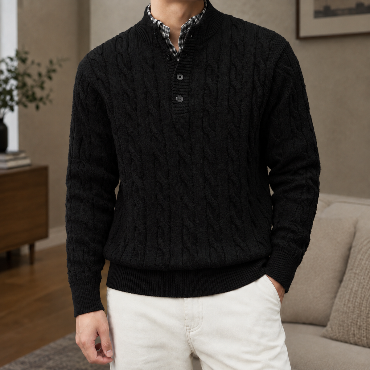 Men's Cable Knit Henley Jumper with Plaid Collar