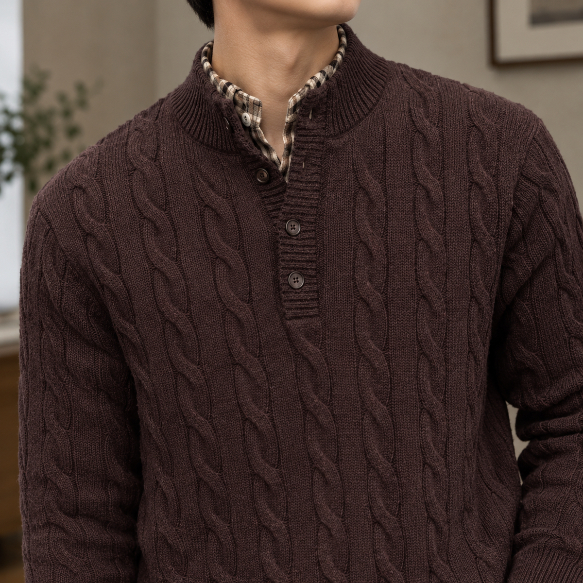 Men's Cable Knit Henley Jumper with Plaid Collar