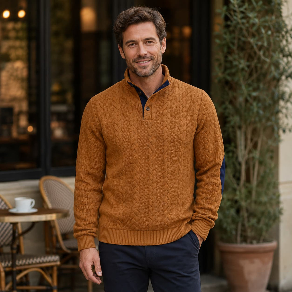 Men's Cable Knit Button Mock Neck Jumper with Elbow Patches