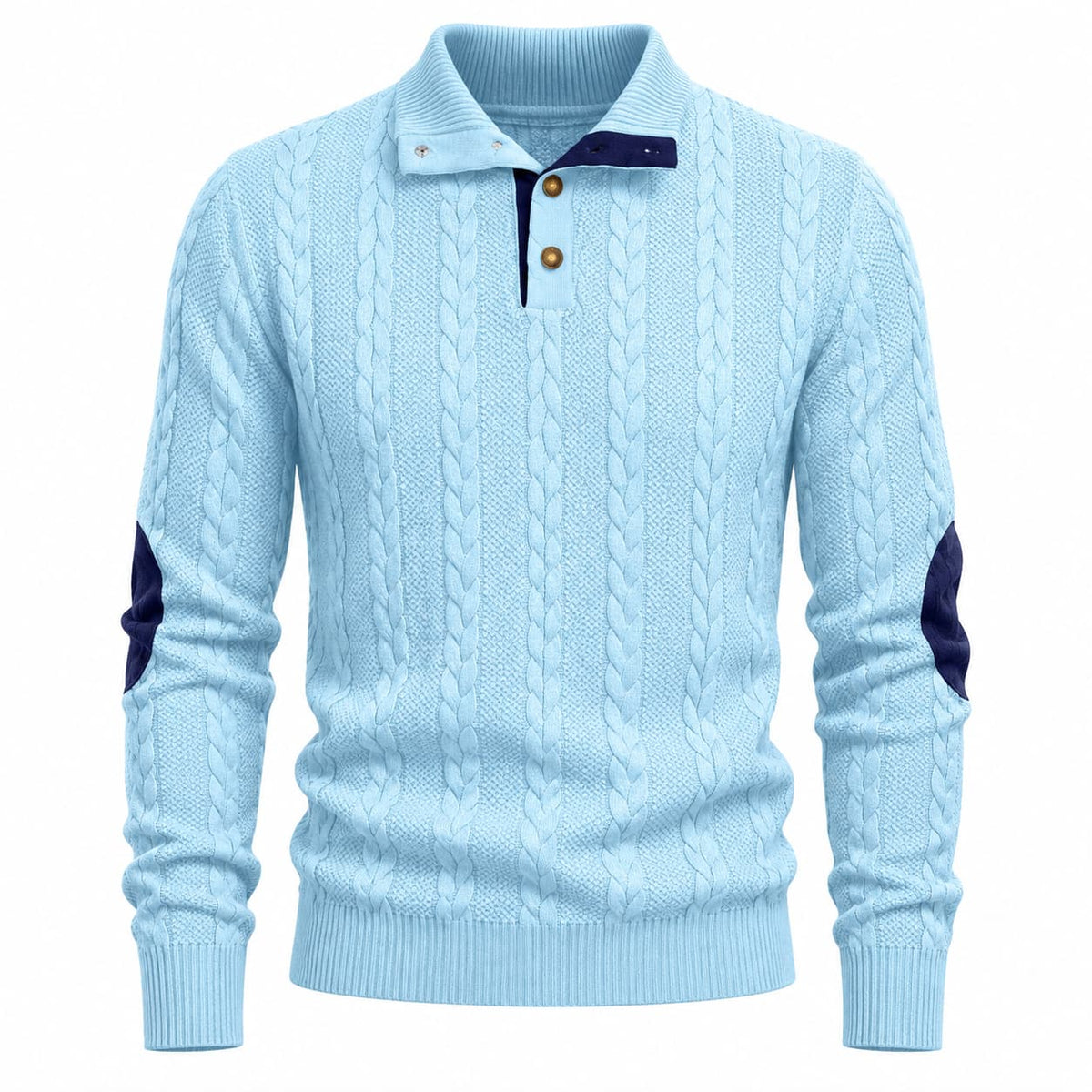 Men's Cable Knit Button Mock Neck Jumper with Elbow Patches