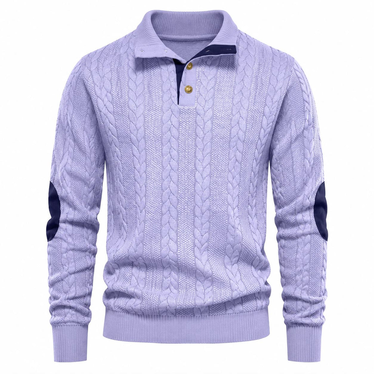 Men's Cable Knit Button Mock Neck Jumper with Elbow Patches