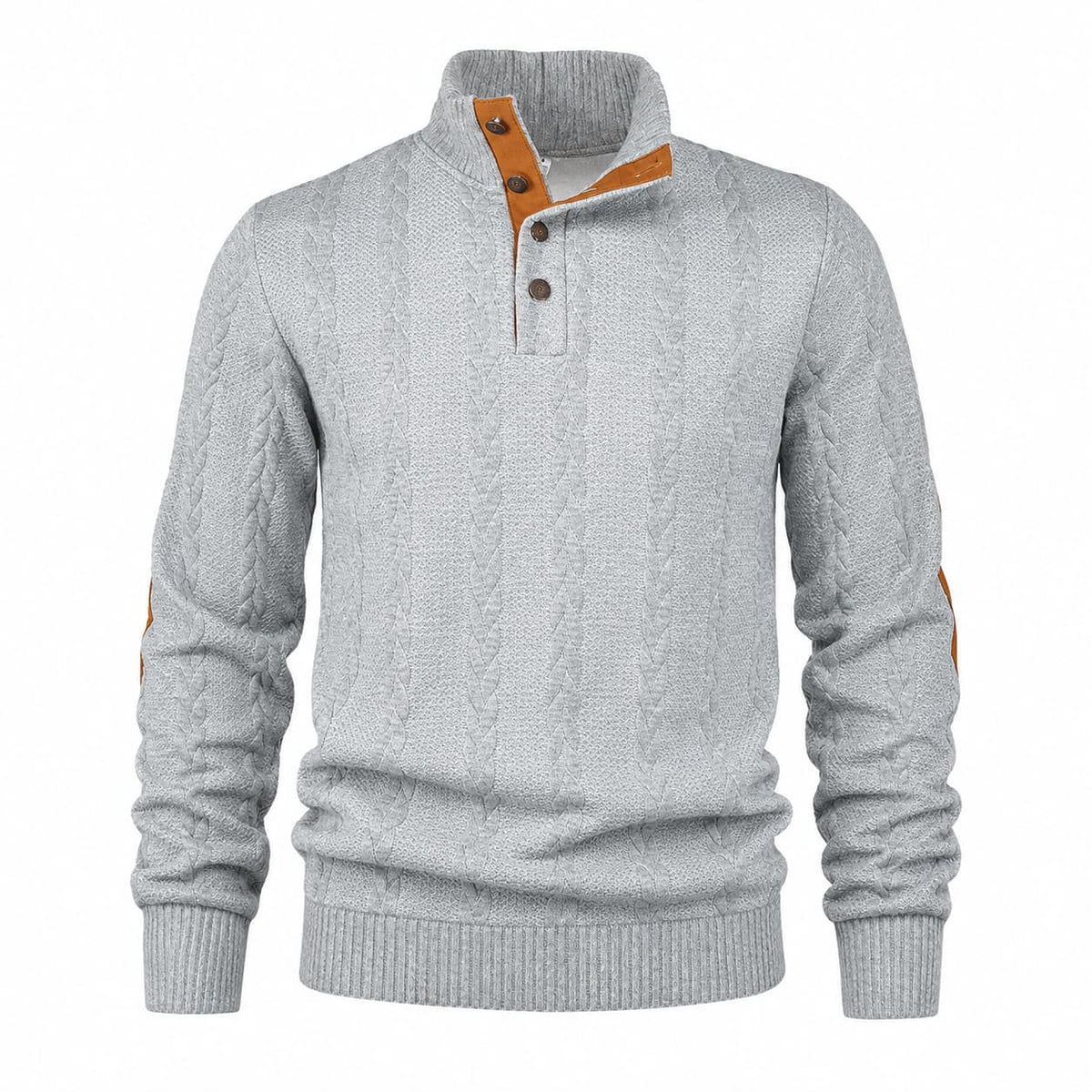 Men's Cable Knit Button Mock Neck Jumper with Elbow Patches