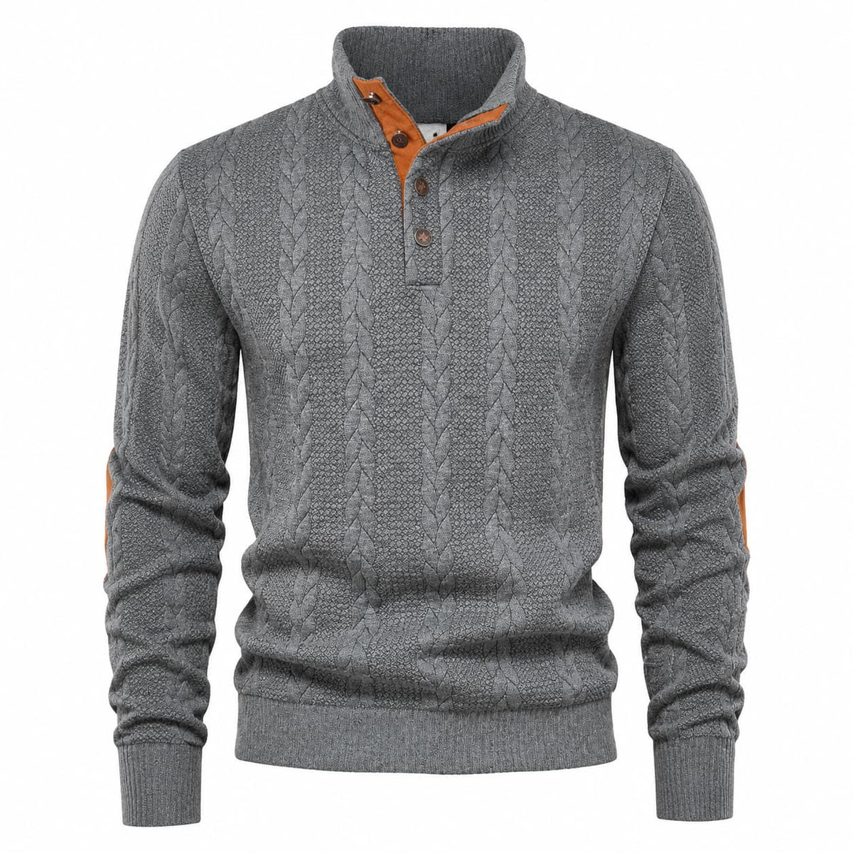 Men's Cable Knit Button Mock Neck Jumper with Elbow Patches