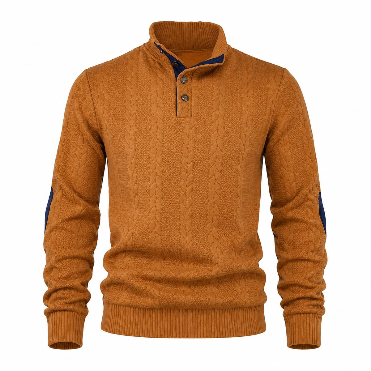 Men's Cable Knit Button Mock Neck Jumper with Elbow Patches