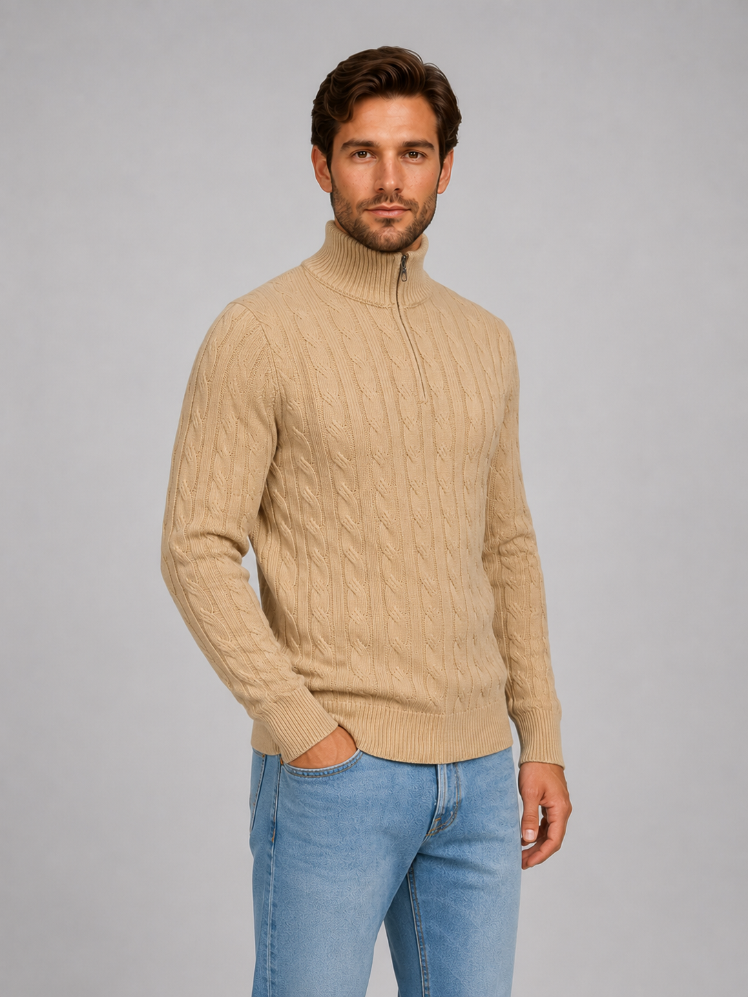 Men's Cable Knit Funnel Neck Quarter-Zip Jumper