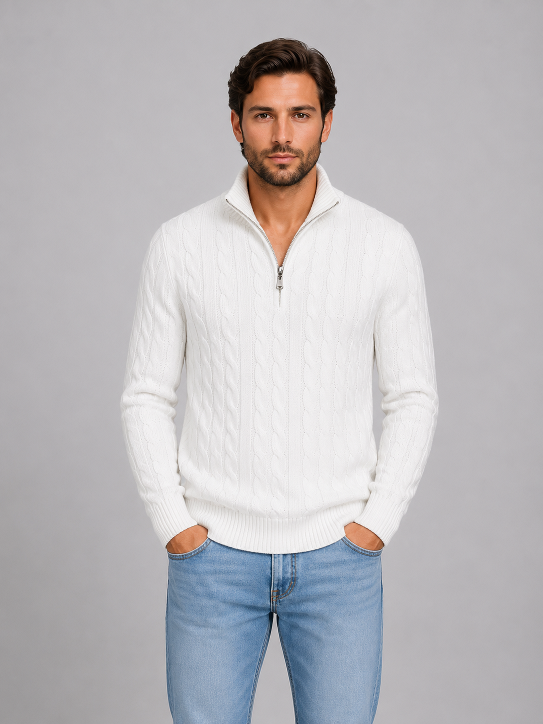 Men's Cable Knit Funnel Neck Quarter-Zip Jumper