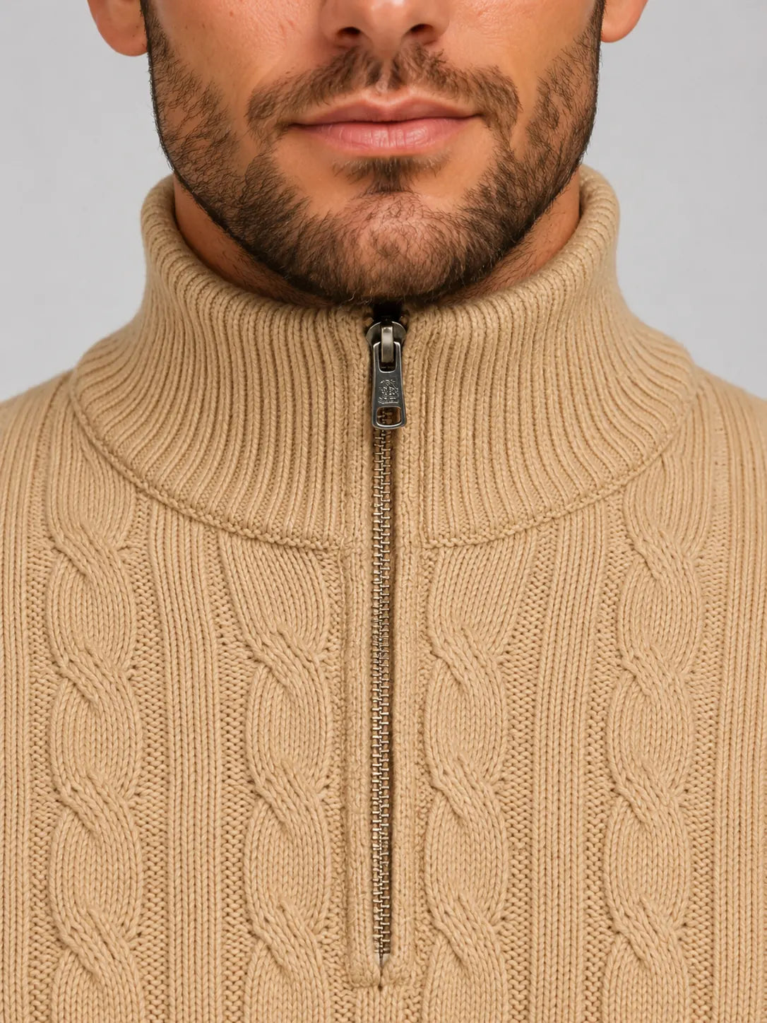 Men's Cable Knit Quarter-Zip Jumper with Ribbed Collar