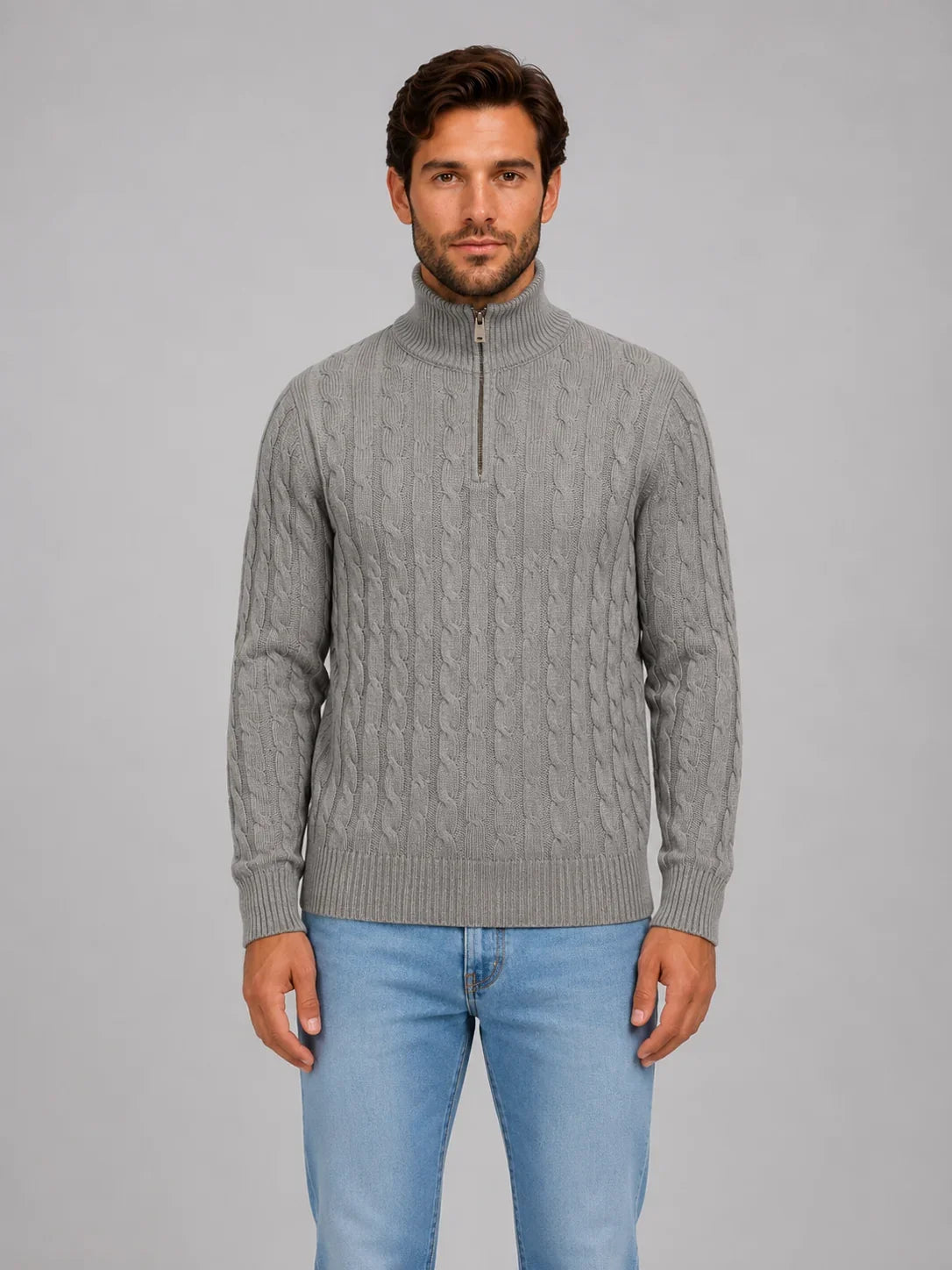 Men's Cable Knit Quarter-Zip Jumper with Ribbed Collar