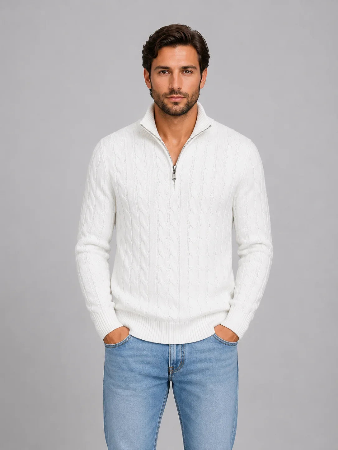 Men's Cable Knit Quarter-Zip Jumper with Ribbed Collar