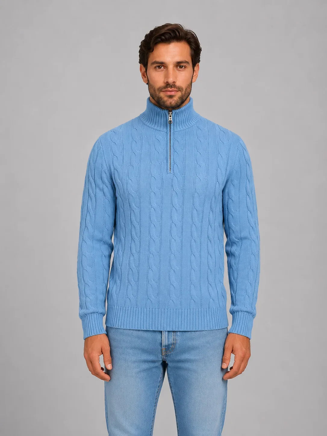 Men's Cable Knit Quarter-Zip Jumper with Ribbed Collar