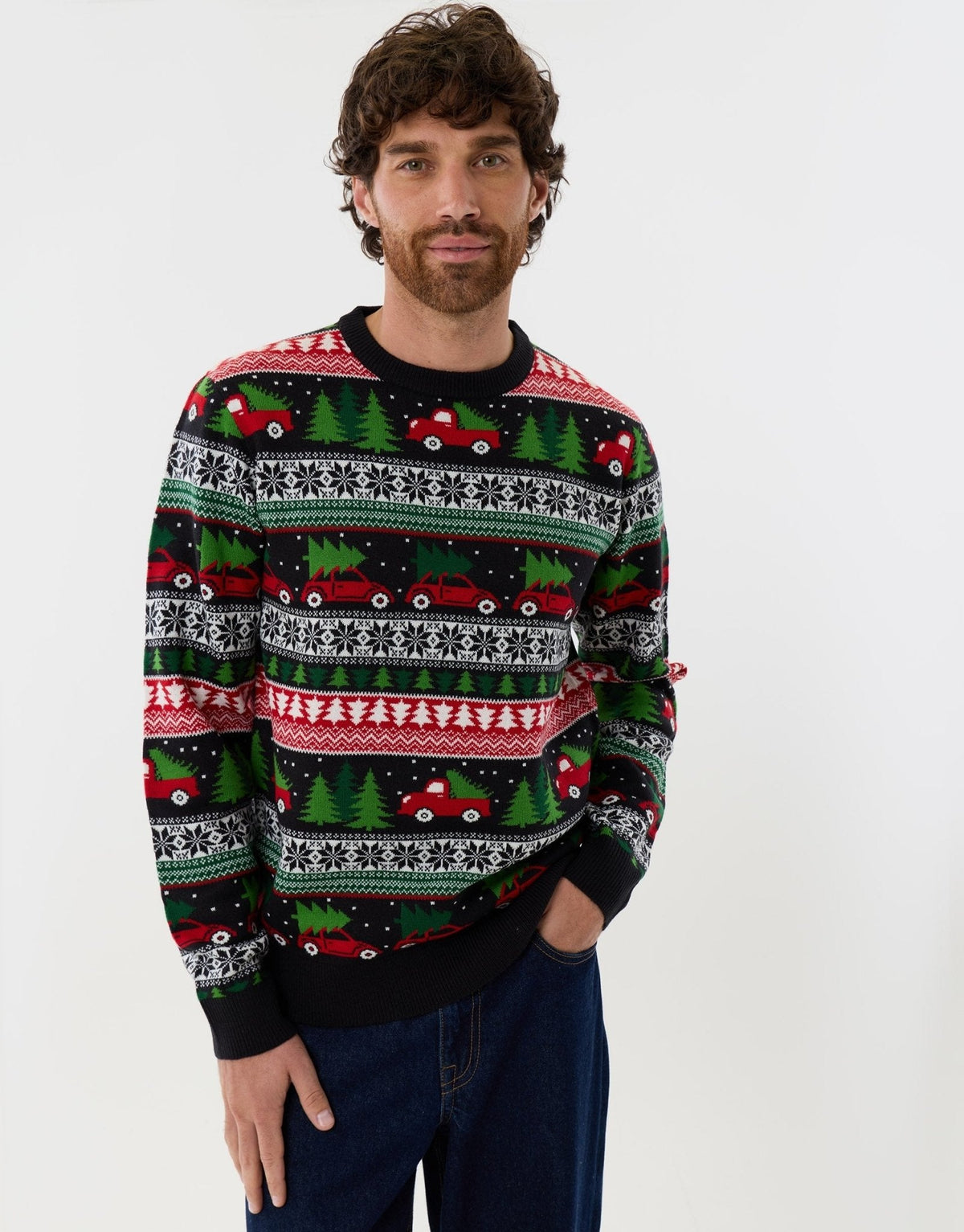Men's Christmas Jumper Fair Isle Red Car Tree in Black