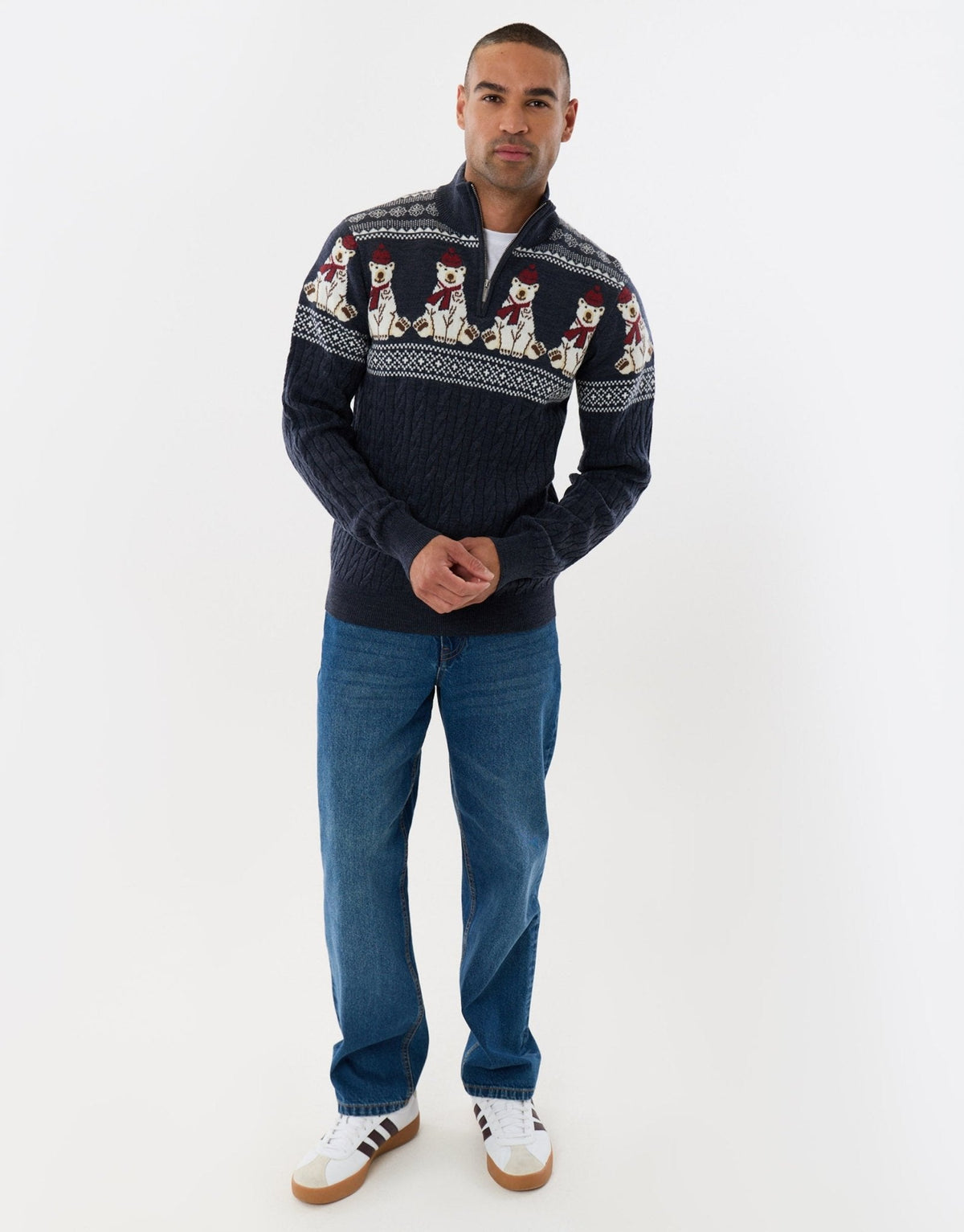 Men's Christmas Jumper Fair Isle Polar Bear Quarter Zip in Navy