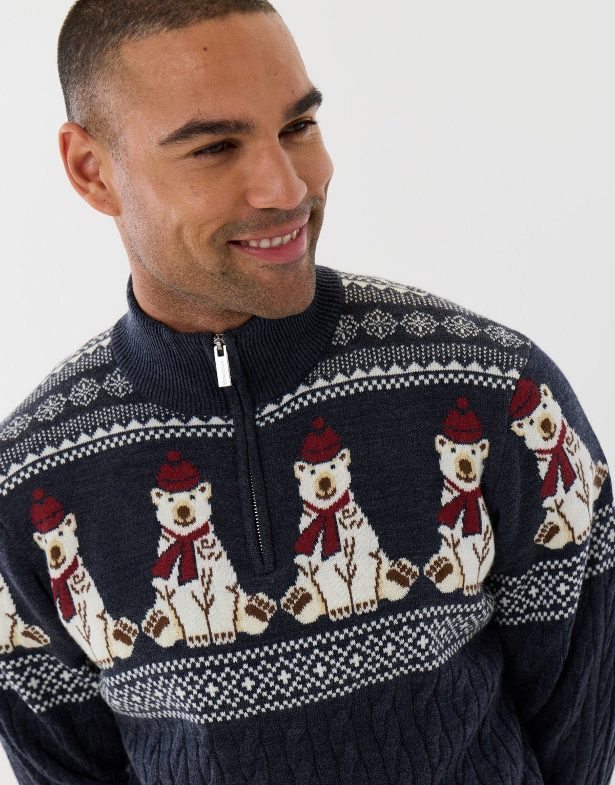 Men's Christmas Jumper Fair Isle Polar Bear Quarter Zip in Navy